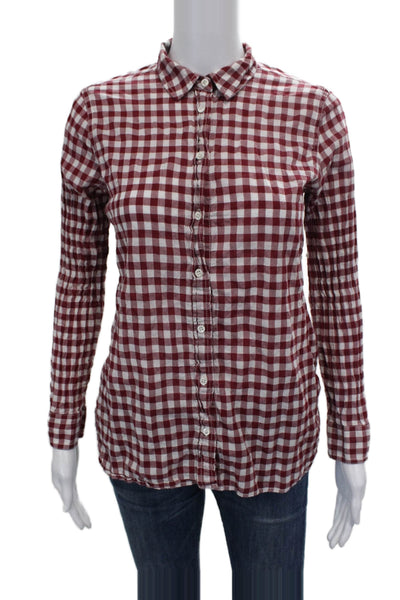 J Crew Womens Collared Check Button Up Long Sleeve Red Cotton Top Size 4P