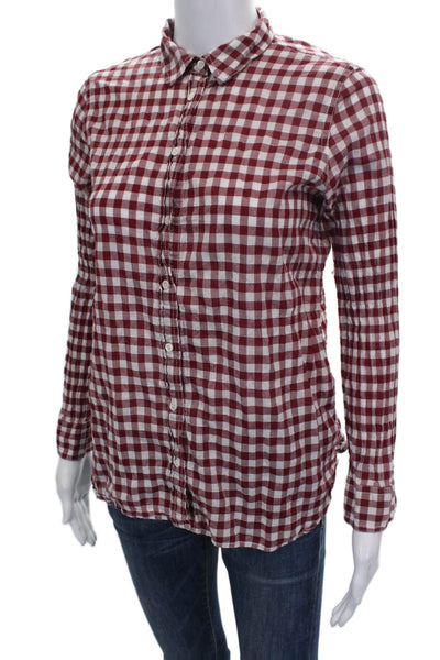 J Crew Womens Collared Check Button Up Long Sleeve Red Cotton Top Size 4P