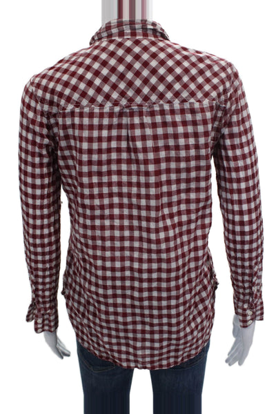 J Crew Womens Collared Check Button Up Long Sleeve Red Cotton Top Size 4P