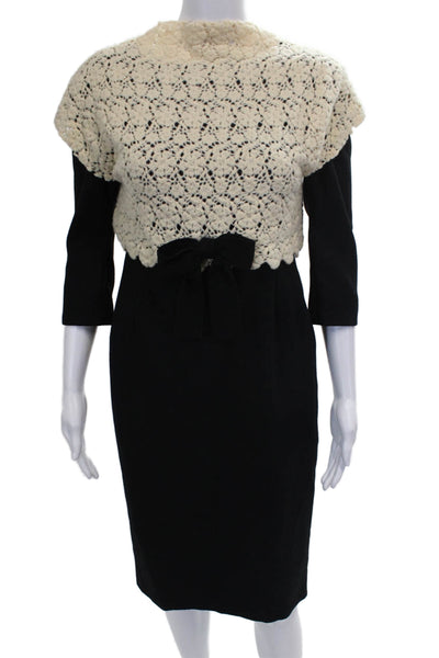 RED Valentino Womens Black Crochet Sheath Dress Highneck 3/4 Sleeve Knee Size S