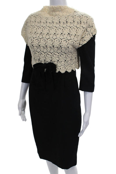 RED Valentino Womens Black Crochet Sheath Dress Highneck 3/4 Sleeve Knee Size S