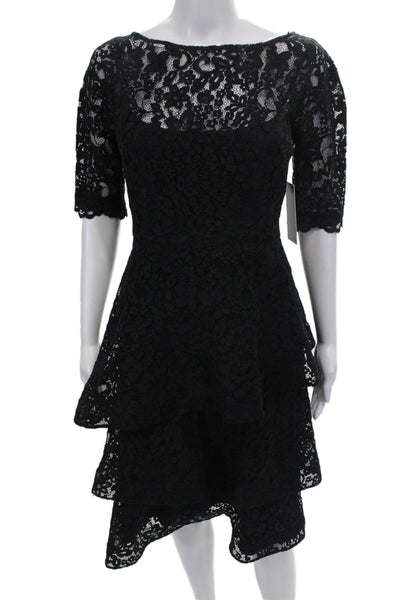 Teri Jon Womens Fit & Flare Black Cotton Boat Neck Half Sleeve Dress Size 4