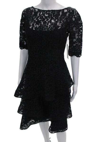 Teri Jon Womens Fit & Flare Black Cotton Boat Neck Half Sleeve Dress Size 4
