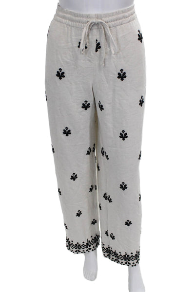 Zara Women Beige Floral Linen Drawstring Jogger Pants Size M
