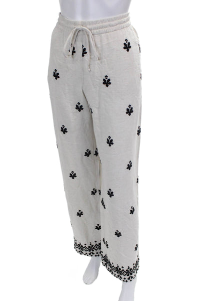 Zara Women Beige Floral Linen Drawstring Jogger Pants Size M