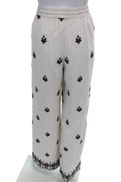 Zara Women Beige Floral Linen Drawstring Jogger Pants Size M