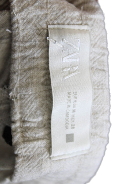 Zara Women Beige Floral Linen Drawstring Jogger Pants Size M