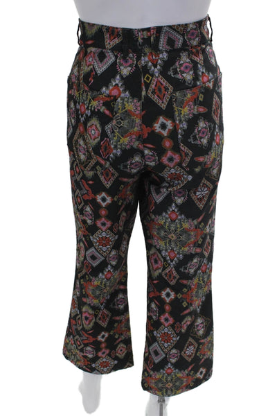 Zara Women Cropped Pants Black Cotton Geometric Button Size M