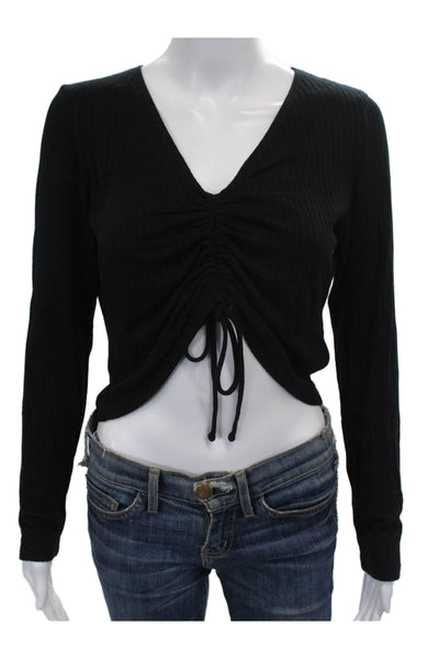 Reformation Womens Cropped V-Neck Tencel Modal Blouse Black Long Sleeve Size L