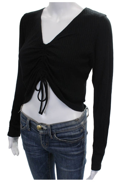 Reformation Womens Cropped V-Neck Tencel Modal Blouse Black Long Sleeve Size L