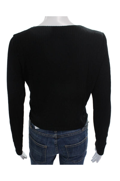 Reformation Womens Cropped V-Neck Tencel Modal Blouse Black Long Sleeve Size L