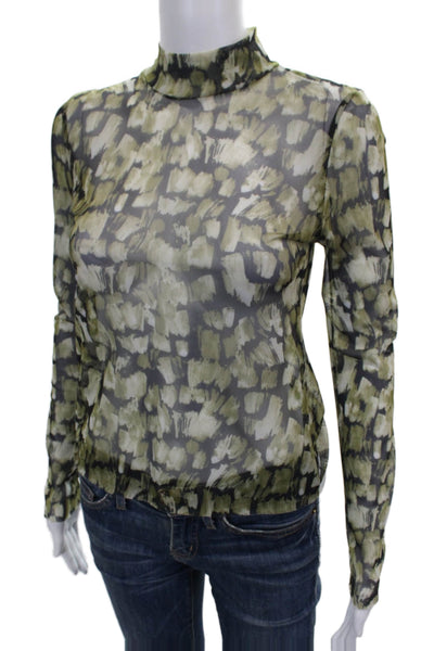 Zara Women Multicolor Mesh Mock Neck Geometric Long Sleeve Basic Blouse Size M