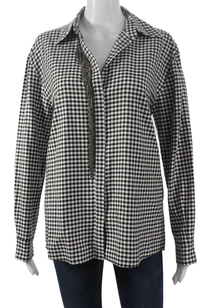 Pinko Women Black Cotton Collared Check Button-Up Long Sleeve Basic Size M