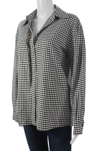 Pinko Women Black Cotton Collared Check Button-Up Long Sleeve Basic Size M