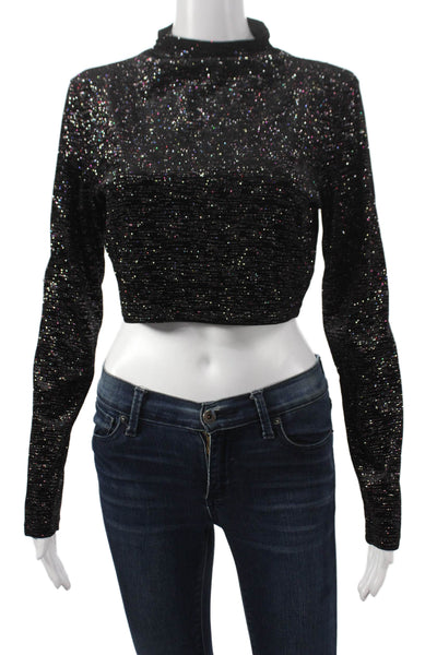 Misa Womens Cropped Blouse Black Mock Neck Long Sleeve Polyester Size M