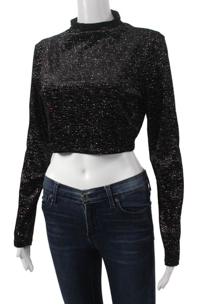 Misa Womens Cropped Blouse Black Mock Neck Long Sleeve Polyester Size M