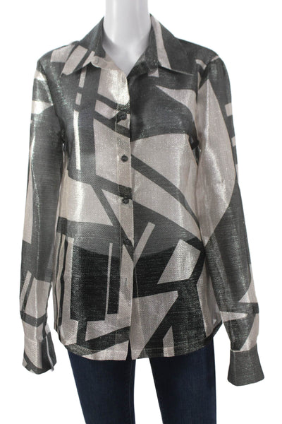 ITMFL Womens Silk Blend Geometric Silver Button-Up Long Sleeve Size M