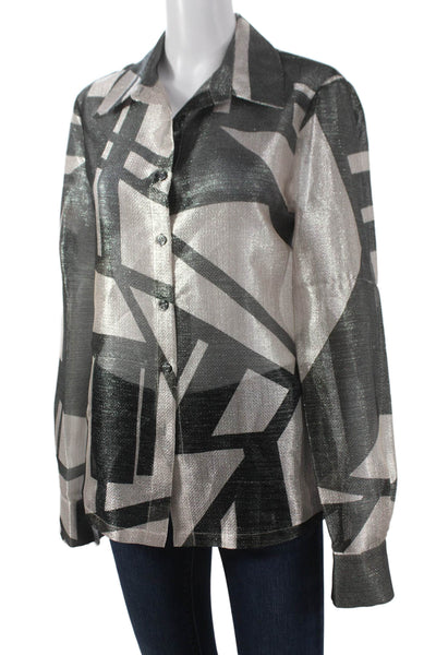 ITMFL Womens Silk Blend Geometric Silver Button-Up Long Sleeve Size M