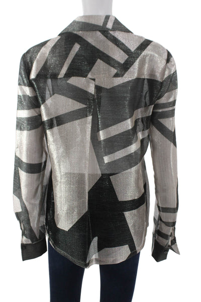 ITMFL Womens Silk Blend Geometric Silver Button-Up Long Sleeve Size M