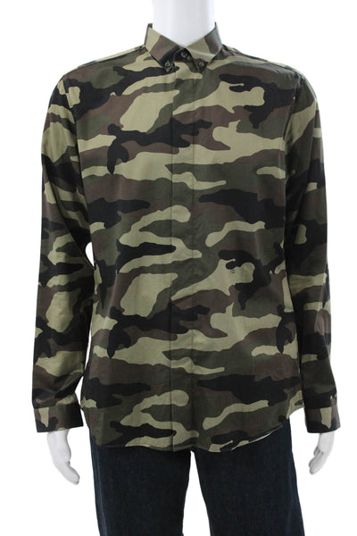 Dior Mens Long Sleeve Button-Up Shirt Cotton Camouflage Size M