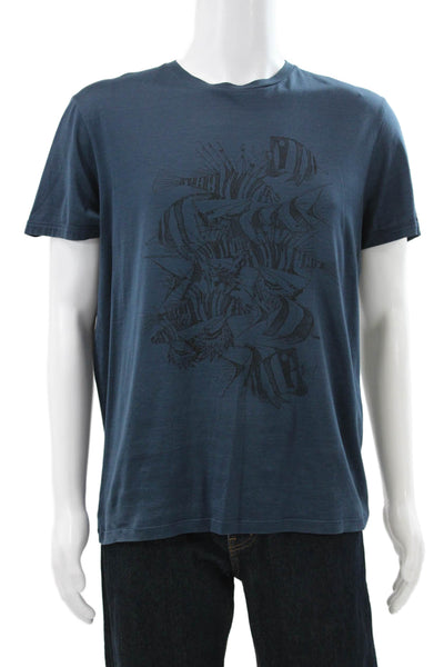 Lanvin Mens Blue Cotton Graphic Crew Neck Short Sleeve T-Shirt Size L