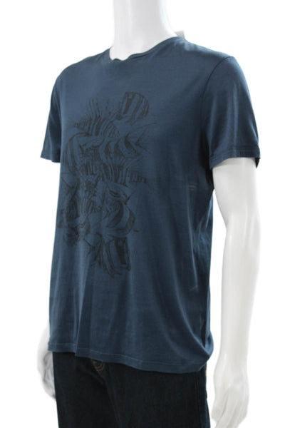 Lanvin Mens Blue Cotton Graphic Crew Neck Short Sleeve T-Shirt Size L