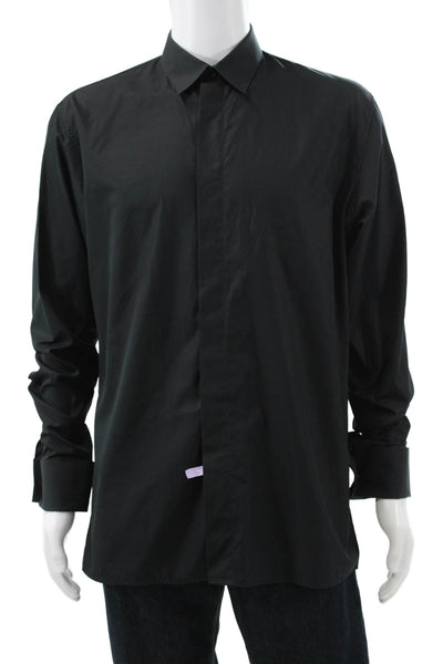 Dior Mens Button Down Shirt Black Cotton Long Sleeve Collared Size L