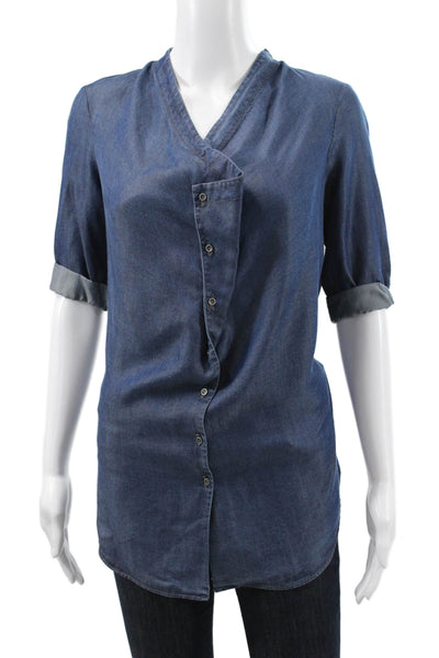 Helmut Lang Women Blue V-Neck Tunic Blouse 3/4 Sleeve Button Size S