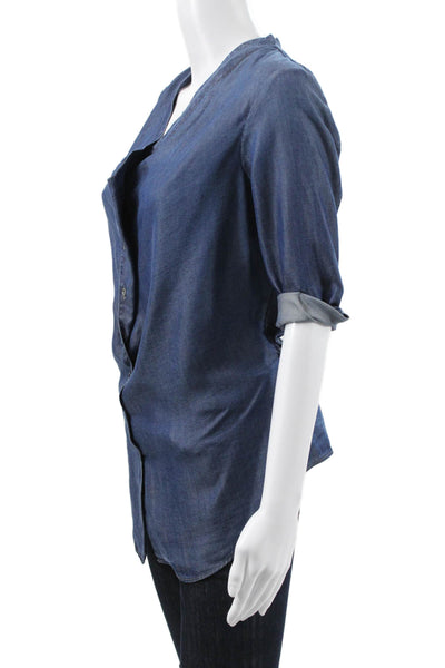 Helmut Lang Women Blue V-Neck Tunic Blouse 3/4 Sleeve Button Size S