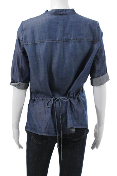 Helmut Lang Women Blue V-Neck Tunic Blouse 3/4 Sleeve Button Size S