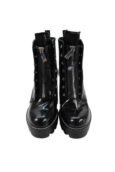 Zara Trafaluc Womens Patent Leather Zip Up Platform Ankle Boots Black Size 6.5