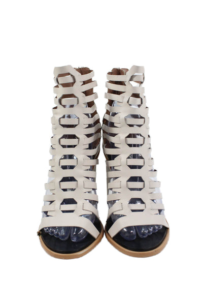 BCBG Max Azria Womens Leather Strappy Zip Up Sandal Heels White Size 7