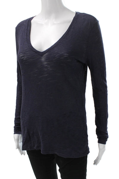 Goldie Women Basic V-Neck Cotton Long Sleeve T Shirt Blue Size XS
