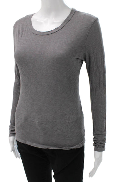 William B Womens Basic Long Sleeve Cotton Tee Gray Pullover Round Neck Size S