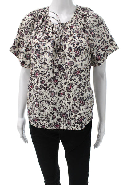 Ulla Johnson Womens Ivory Floral Cotton Short Sleeve Round Neck Blouse Size 4