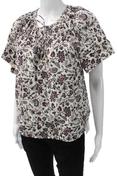 Ulla Johnson Womens Ivory Floral Cotton Short Sleeve Round Neck Blouse Size 4