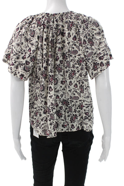 Ulla Johnson Womens Ivory Floral Cotton Short Sleeve Round Neck Blouse Size 4