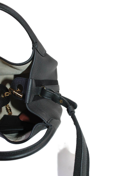 Loro Piana Womens Grain Leather Double Top Handle Bale Bucket Handbag Black