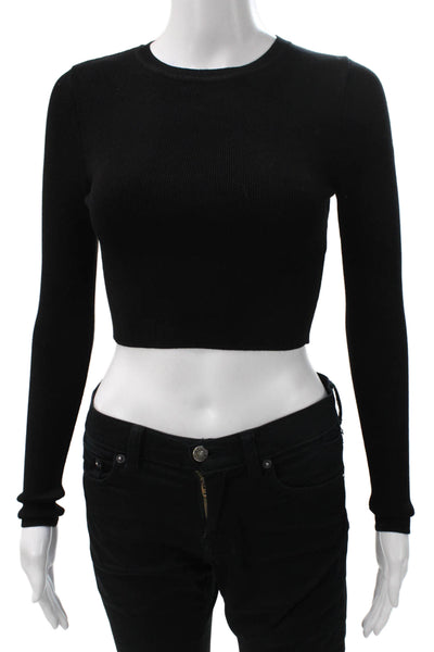 Zara Women Cropped T-Shirt Black Long Sleeve Viscose Crew Neck Size S
