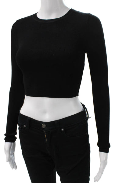 Zara Women Cropped T-Shirt Black Long Sleeve Viscose Crew Neck Size S