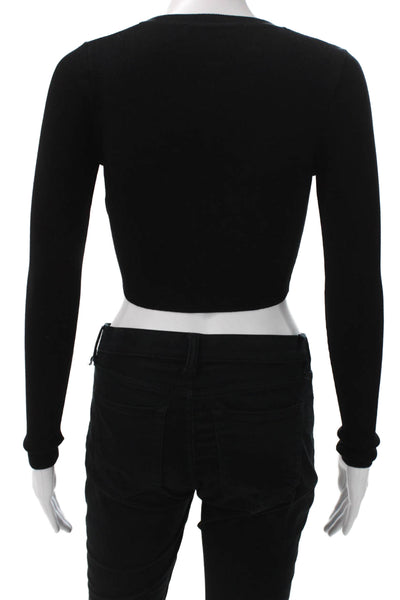 Zara Women Cropped T-Shirt Black Long Sleeve Viscose Crew Neck Size S