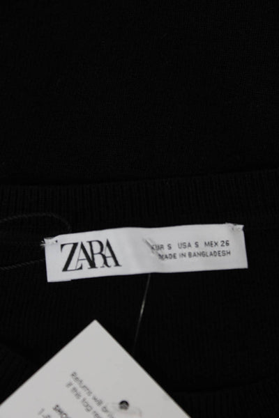 Zara Women Cropped T-Shirt Black Long Sleeve Viscose Crew Neck Size S