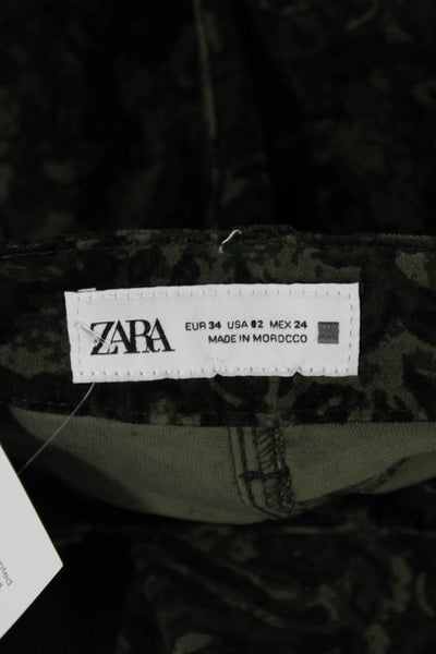 Zara Women Dress Pants Green Paisley Cotton Button Inseam 30 Size 2