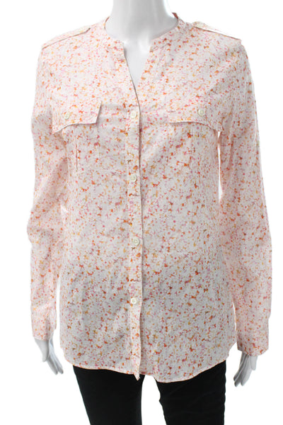 Faconnable Women Floral V-Neck Cotton Button Up Blouse Long Sleeve Size 4