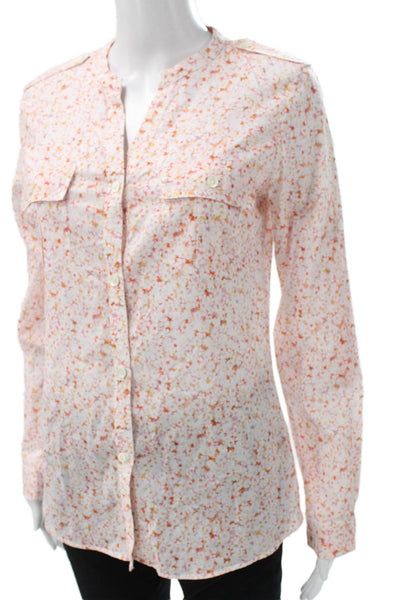 Faconnable Women Floral V-Neck Cotton Button Up Blouse Long Sleeve Size 4
