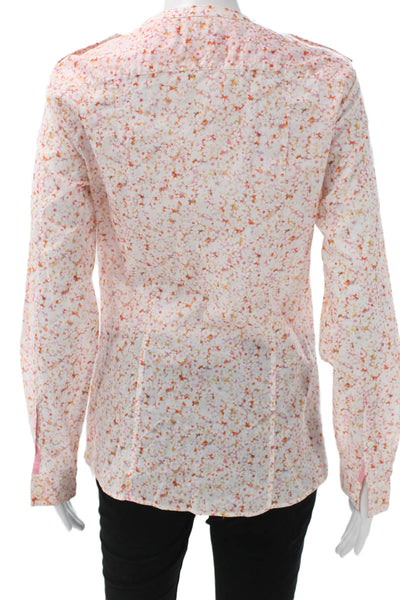 Faconnable Women Floral V-Neck Cotton Button Up Blouse Long Sleeve Size 4