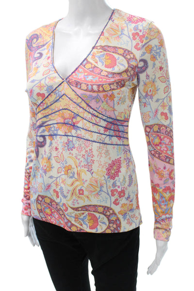 Etro Women Multicolor Paisley V-Neck Long Sleeve Basic Blouse Polyester Size 42