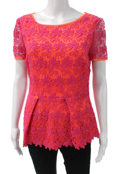 Elie Tahari Women Lace Floral Blouse Short Sleeve Round Neck Zip Pink Size M