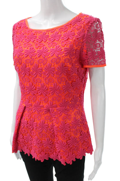 Elie Tahari Women Lace Floral Blouse Short Sleeve Round Neck Zip Pink Size M