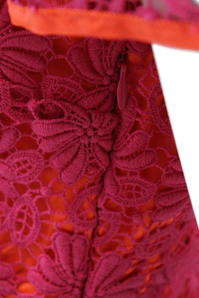 Elie Tahari Women Lace Floral Blouse Short Sleeve Round Neck Zip Pink Size M